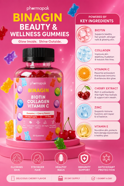 BINAGIN Biotin Collagen Vitamin C Gummies by Pharmapak | Cherry Flavor | Hair, Skin & Nails