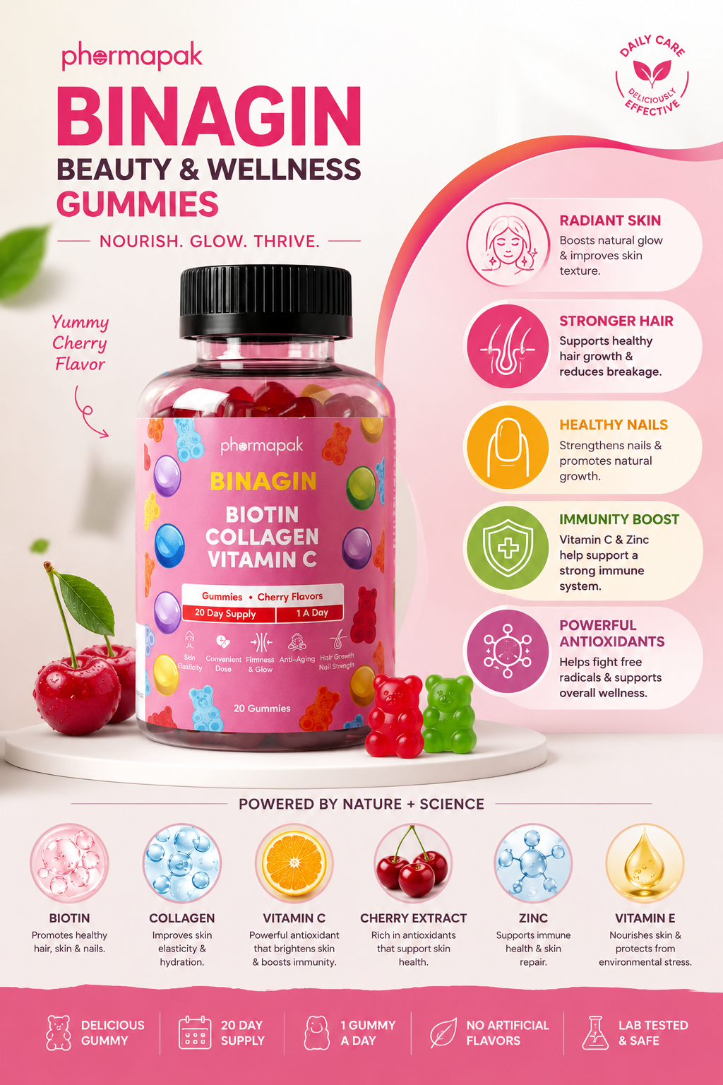BINAGIN Biotin Collagen Vitamin C Gummies by Pharmapak | Cherry Flavor | Hair, Skin & Nails