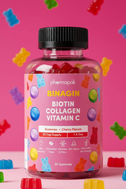 BINAGIN Biotin Collagen Vitamin C Gummies by Pharmapak | Cherry Flavor | Hair, Skin & Nails