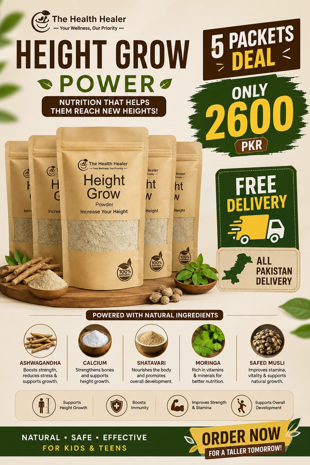 Height Grow Powder 5 Packets Deal by The Health Healer – Natural height growth supplement bundle for kids and teens